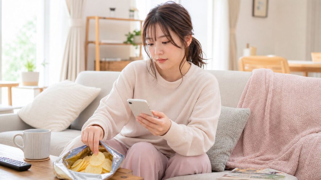 暇つぶし食べの女性